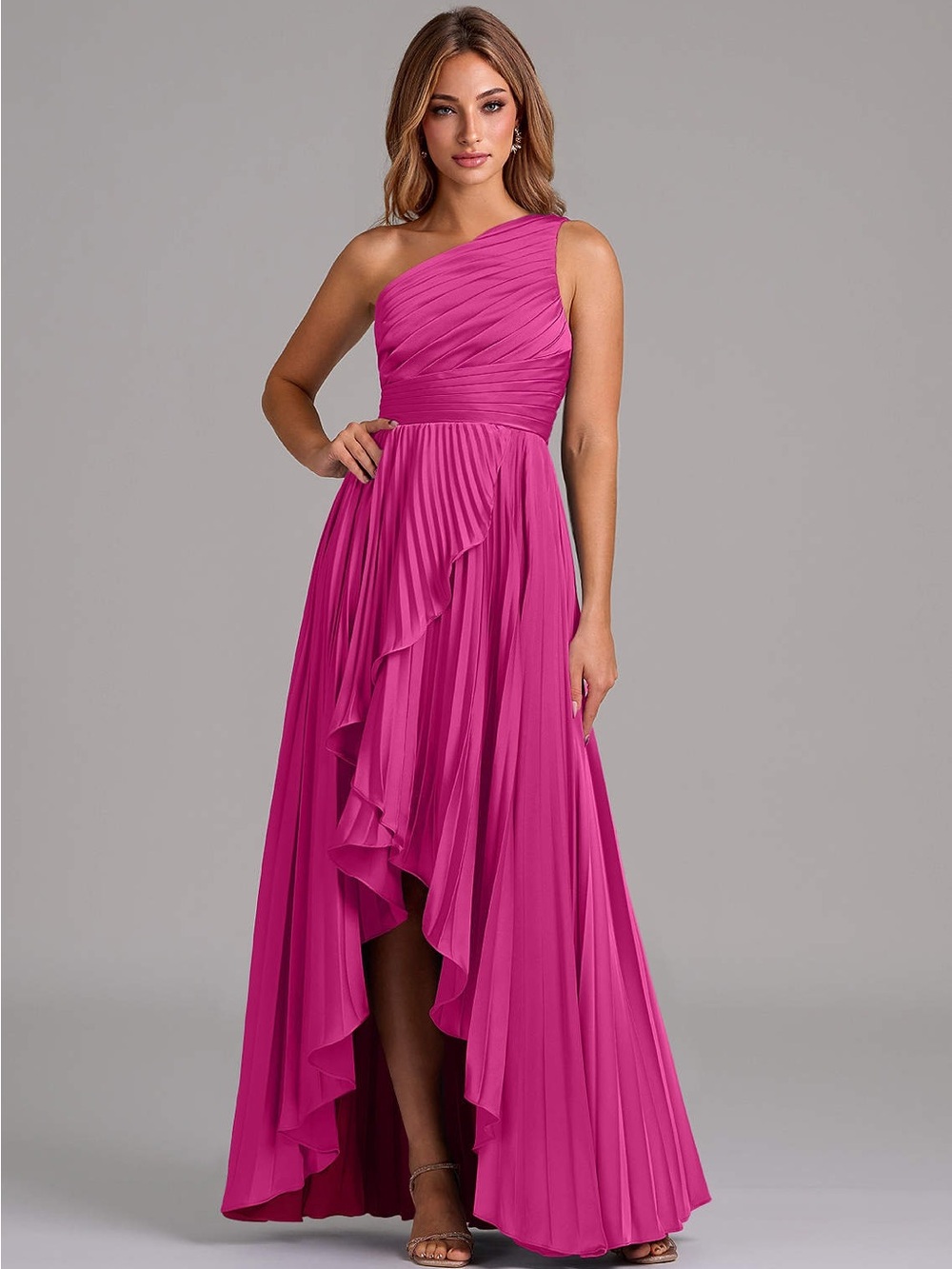 Azazie One-Shoulder Fuchsia High-Low Pleated Gown & matching tie for your guy